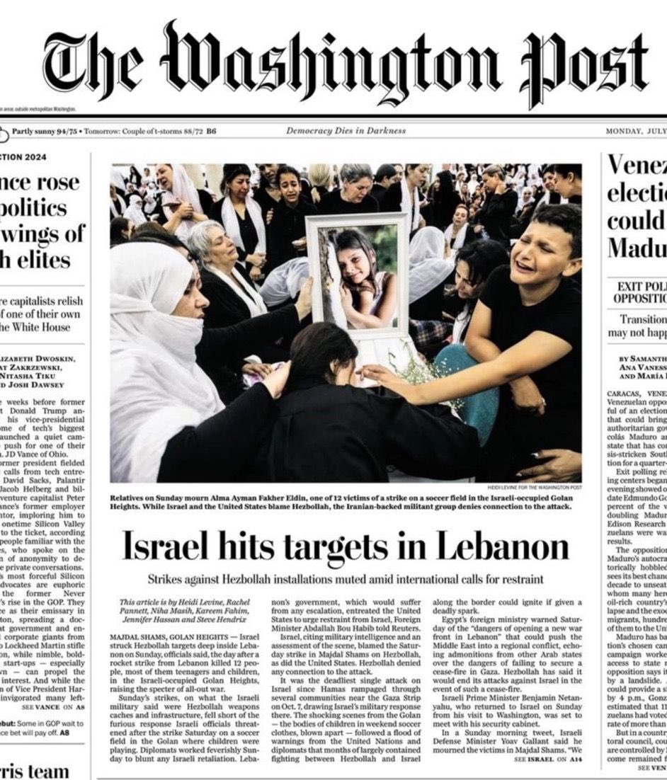 Israel Defense Forces (@idf) on Twitter photo This is the front page of the <a href="/washingtonpost/">The Washington Post</a> today.
You can see grieving family members burying children murdered by Hezbollah in the Madjal Shams massacre.
If by chance you understood anything else from their headline, you might not be the problem. This is the front page of the <a href="/washingtonpost/">The Washington Post</a> today.
You can see grieving family members burying children murdered by Hezbollah in the Madjal Shams massacre.
If by chance you understood anything else from their headline, you might not be the problem.