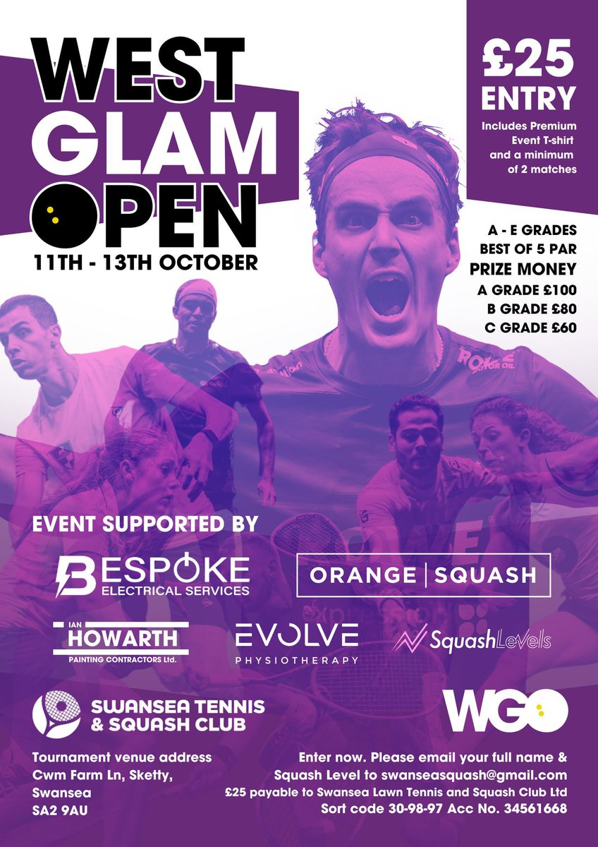 IT IS BACK…
Swansea Tennis &amp; Squash Club is proud to announce that the once long standing and prestigious West Glamorgan Squash Tournament has returned. 
Prize money for the Winners and Premium grade Tournament T-shirt for each entry. 
Get your entries in now!
