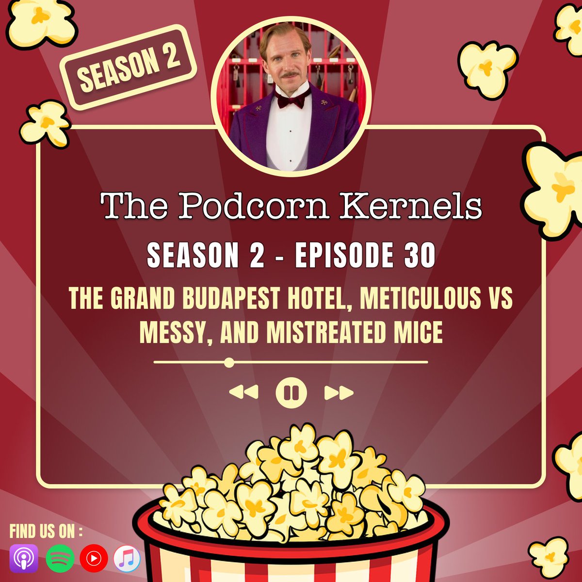S02. E30: The Grand Budapest Hotel, Meticulous vs Messy, and Mistreated Mice is now live! Listen on Spotify by clicking the link below 👇 

open.spotify.com/episode/4QGq6z…

Or choose a different platform from our link-tree 👇 

linktr.ee/thepodcornkern…

#Movies #FilmX #Cinema #podcasters