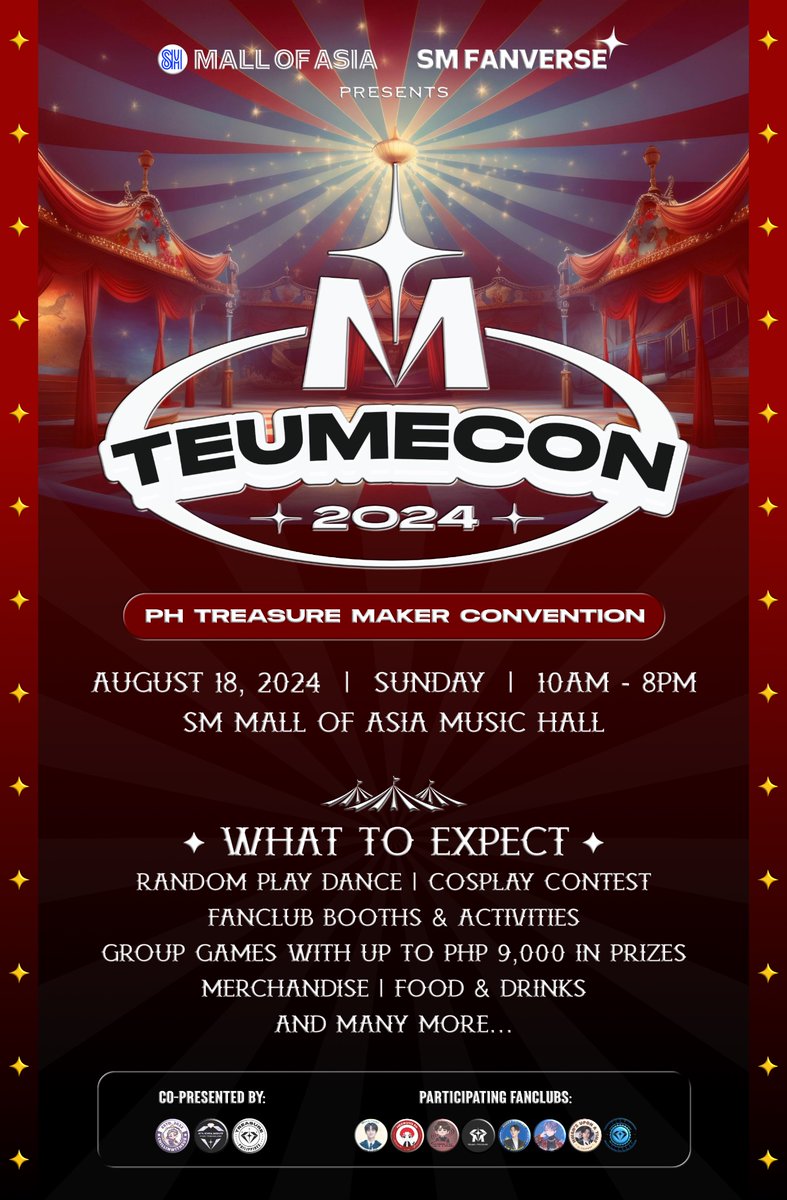 TEUMECON2024 is here!🎊

Celebrate TREASURE’s 4th anniversary with a day of fun at SM MoA Music Hall on 08.18.2024🎡

Enjoy exciting activities and win awesome prizes: Official Merchs, 50 Comeback Albums, and ₱9,000 in GCs!

#PHTeumeCon2024 
#TREASURE #트레저 
<a href="/treasuremembers/">TREASURE</a>