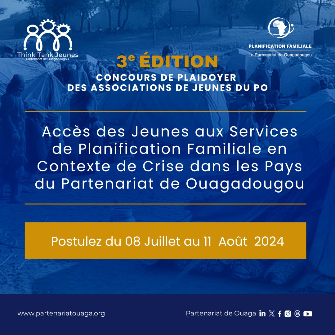 Participez à la 3ème édition du Concours de Plaidoyer des associations de jeunes du <a href="/POuagaPF/">Partenariat de Ouaga</a>, et tentez de remporter :

1er prix : 𝐮𝐧𝐞 𝐬𝐮𝐛𝐯𝐞𝐧𝐭𝐢𝐨𝐧 𝐝𝐞 𝟑 𝐦𝐢𝐥𝐥𝐢𝐨𝐧𝐬 𝐝𝐞 𝐅𝐂𝐅𝐀 ;
2e prix : 𝐮𝐧 𝐨𝐫𝐝𝐢𝐧𝐚𝐭𝐞𝐮𝐫 𝐩𝐨𝐫𝐭𝐚𝐛𝐥𝐞 ;
3e prix : 𝐮𝐧