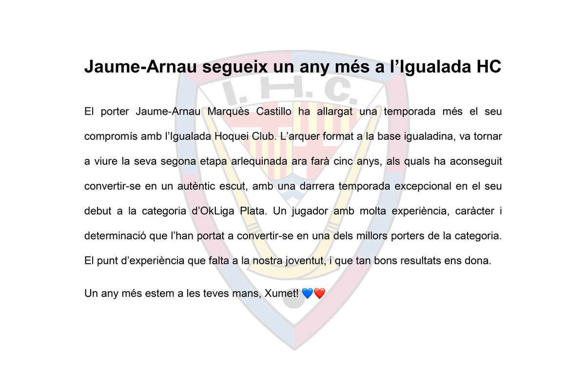 ✍🏼JAUME-ARNAU MARQUÈS✍🏼

El porter Jaume-Arnau Marquès Castillo ha allargat una temporada més el seu compromís amb l’Igualada Hoquei Club. El punt d’experiència que falta a la nostra joventut, i que tan bons resultats ens dona.

Un any més estem a les teves mans, Xumet!💙❤
