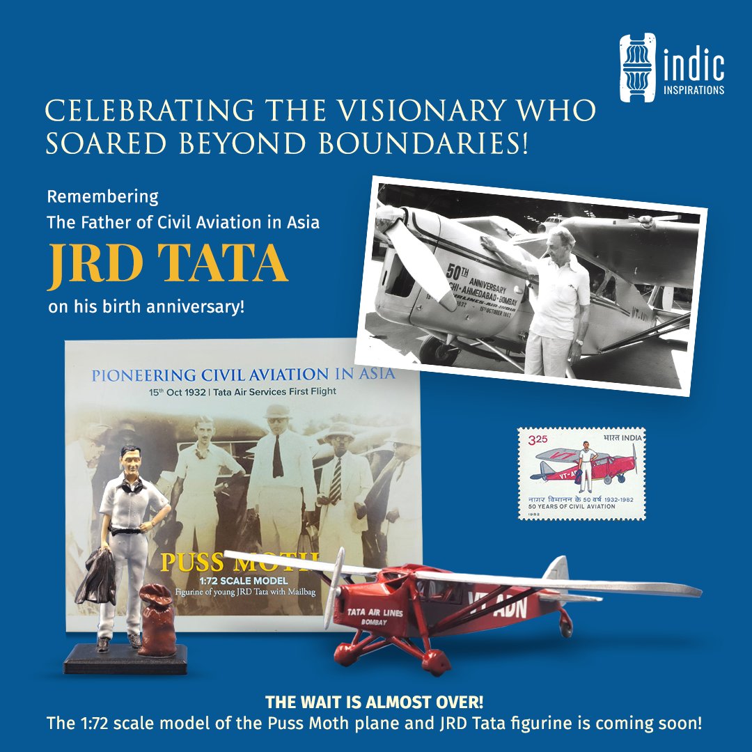 Indicinspires's tweet photo. Remembering JRD Tata, the Father of Indian Aviation, on his birth anniversary! ✈️
He pioneered air travel in India in 1932.
Our 1:72 Puss Moth model & JRD figurine coming soon!
#JRDTata #AviationPioneer #IndicInspirations https://t.co/TwEDpYnWdq