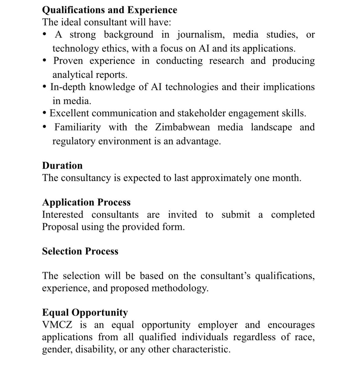 CALL FOR APPLICATIONS!!!

Consultant: To develop a research on Ethical Considerations of AI Application in Newsrooms and Media Practitioners in Zimbabwe.
📅 7 August 2024
Open link to download application form: vmcz.co.zw/download-appli…

<a href="/IMSforfreemedia/">IMS</a> <a href="/ZimMediaNexus/">Zim Media Nexus</a> <a href="/MAZ_Zim/">Media Alliance Zim</a>