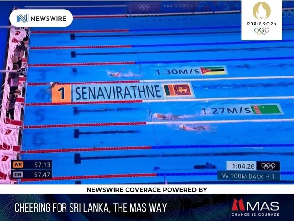 NewsWireLK's tweet photo. Heat No 1 : Sri Lanka's Ganga Senaviratne finishes at first place in Women's 100M backstroke #Paris2024 https://t.co/1ubUrfk4jm