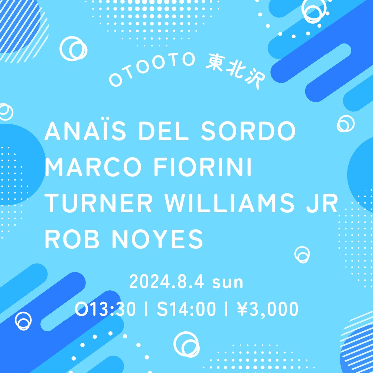 8月4日 ㈰ 昼
"Improtech Off GIGS"
■Anaïs del Sordo (vo.)
■Marco Fiorini (gt., Somax2 generative electronics)
■Turner Williams Jr (Shaahi baaja)
■Rob Noyes (gt.)   
<a href="/robertmnoyes/">Rob Noyes</a>
◇open13:30/start14:00
◇¥3,000
お越しの方はご予約をお願いいたします↓
otooto.jp/reservation