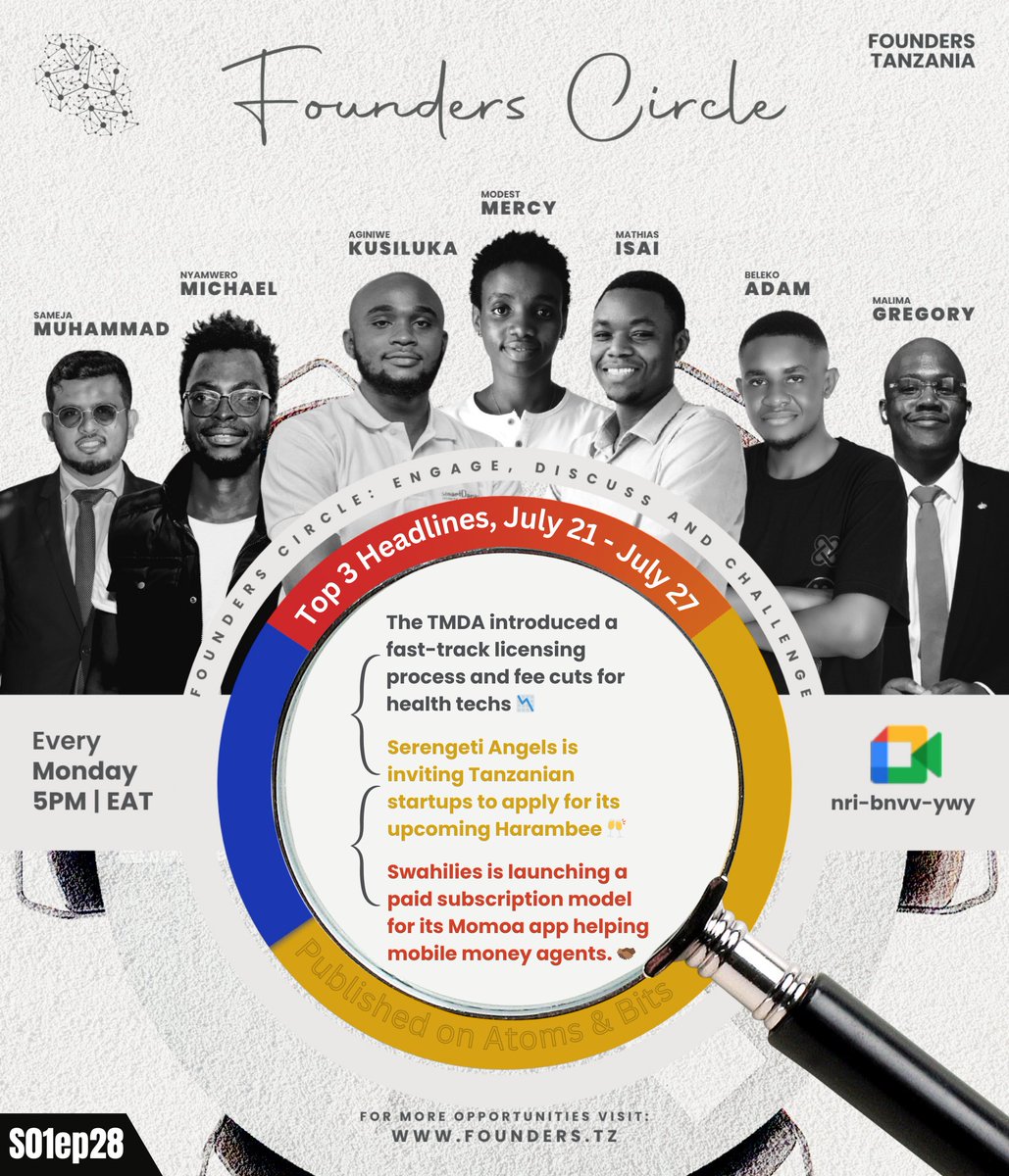 Founders Circle S01ep28! 🎙️

Today Monday at 5 pm, join us in the Founders Circle as we discuss how different decisions impact the startups in Tanzania. Our hosts will dive into the latest from Atoms &amp; Bits news from July 21 - July 27.

meet.google.com/nri-bnvv-ywy