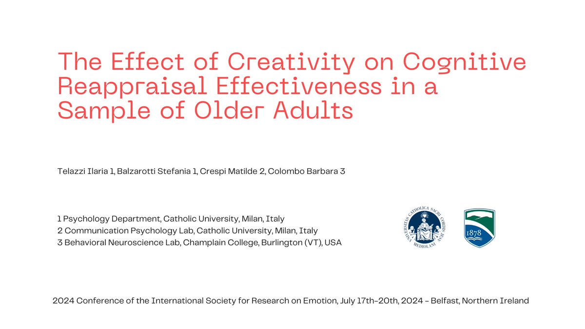 ITelazzi's tweet image. Excited to share the highlights from my recent flash talk at #ISRE2024 ✨

Our #ExperimentalStudy explores the association between #Creativity and #CognitiveReappraisal effectiveness in older adults 🧠💡

Here the presented materials:  github.com/ilariatelazzi/… 

(1/3)