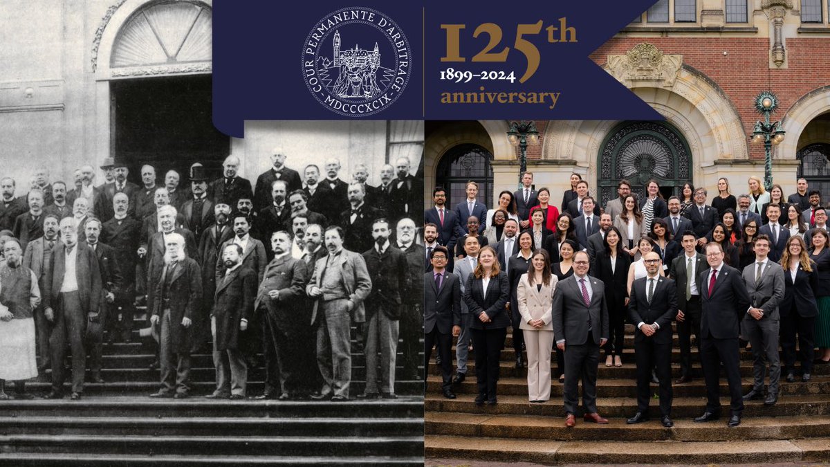 PCA_CPA's tweet photo. 🔹 125th Anniversary of the #PCA & the First Hague Peace Conference 🔹
 
✒ #OTD in 1899, the delegates of the First #HaguePeaceConference signed the Final Act of the Conference, officially establishing the first global mechanism for the settlement of disputes between States: the @PCA_CPA.
 
⚖ 2024 marks the 125th Anniversary of the First Hague Peace Conference & the
#PCA, which has since come to play a pivotal role in the peaceful resolution of international disputes, fostering cooperation among States & upholding the rule of #law.
 
📽 For a short video introduction to the history of the Court, from its creation in 1899 to its successful transition to a modern arbitral institution fit for the 21st century ➡ https://t.co/whPQ3378AJ
 
📸 1. Delegates of the First Hague Peace Conference in front of Palace #HuistenBosch in 1899.
2. The #PCA's International Bureau in front of its headquarters, the #PeacePalace, in 2024.
 
#PCA125 #PermanentCourtofArbitration