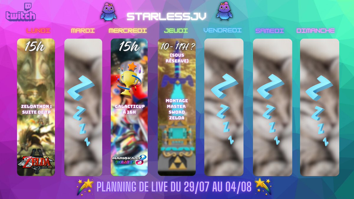 Starless ✨ (@starlessjv) on Twitter photo Le pôti planning de la semaine 💕
Les traditionnels MK et Zelda avec petite nouveauté, sous réserve, petit stream montage Lego Zelda jeudi ! 😋
#twitchfr Le pôti planning de la semaine 💕
Les traditionnels MK et Zelda avec petite nouveauté, sous réserve, petit stream montage Lego Zelda jeudi ! 😋
#twitchfr