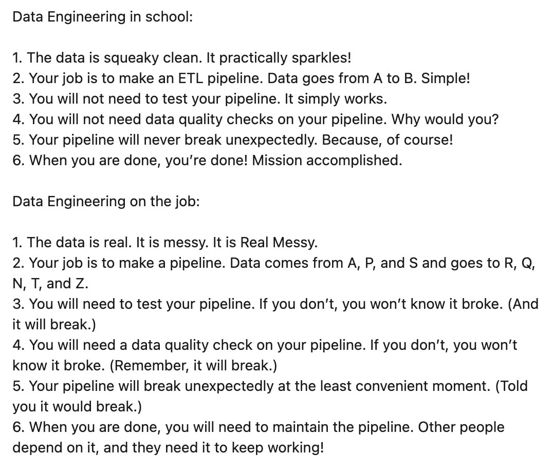 Sad reality of many Data Engineering education providers — can't make the course too real because students will be demotivated, so have to stick to easy tasks

Unfortunately, this only delays the inevitable DEmotivation 😖
