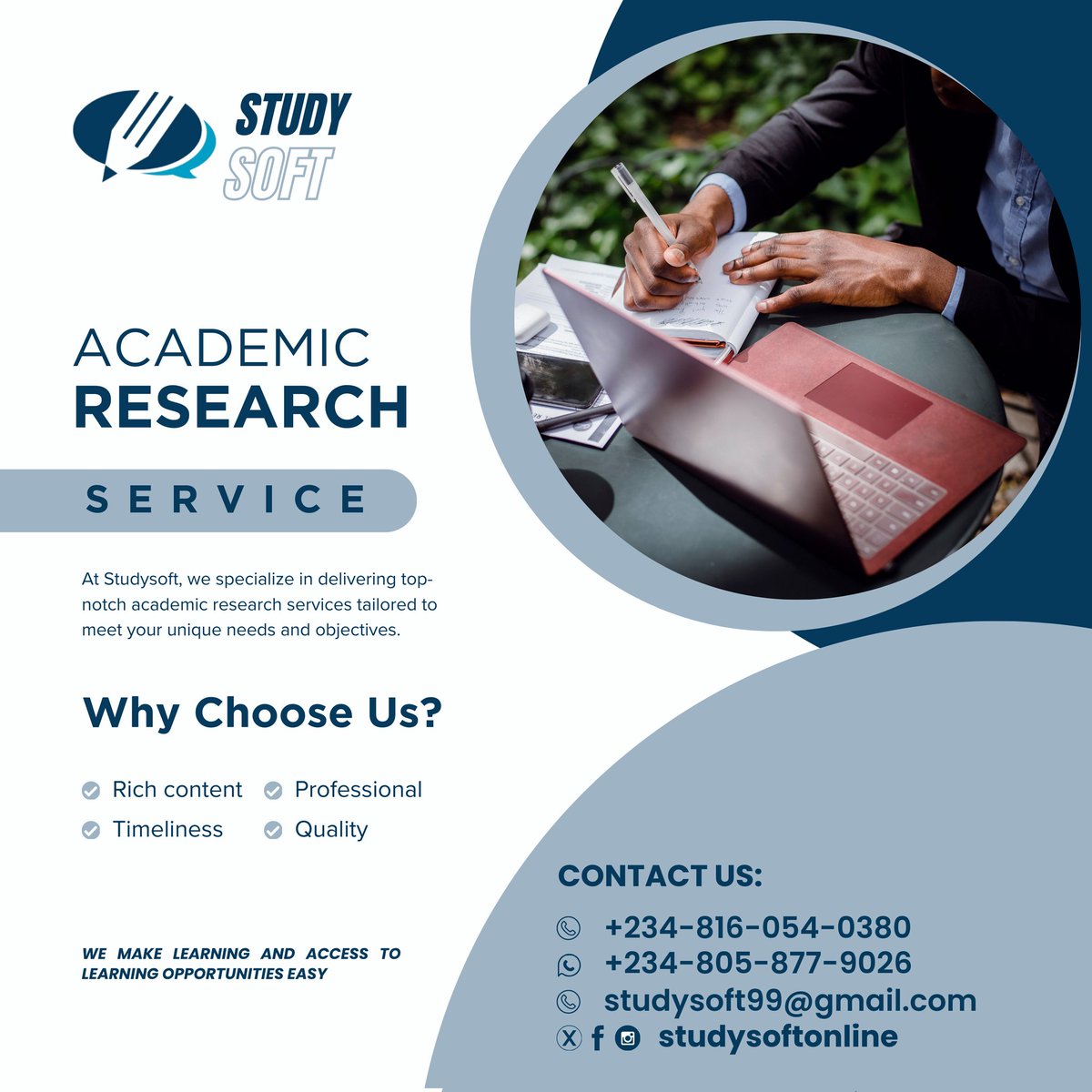 At Studysoft, we specialize in delivering top-notch academic research services tailored to meet your unique needs and objectives. 

#teamstudysoft #academicresearch