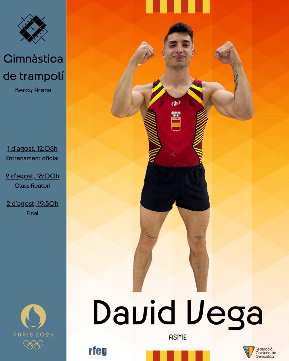 <a href="/ce_sallegracia/">Club Esportiu La Salle Gràcia</a> <a href="/RFEGimnasia/">RFEGimnasia</a> <a href="/COE_es/">Comité Olímpico Español</a> Us presentem els representants catalans de la FCGals JJOO de #París2024 amb tota la informació que heu saber:

⭐️ David Vega

🛡 ASME

2️⃣5️⃣ anys

✅️Serà la seva primera participació olímpica.

🥈Forma part de l'equip que es va proclamar subcampió al Campionat del Món del 2023.