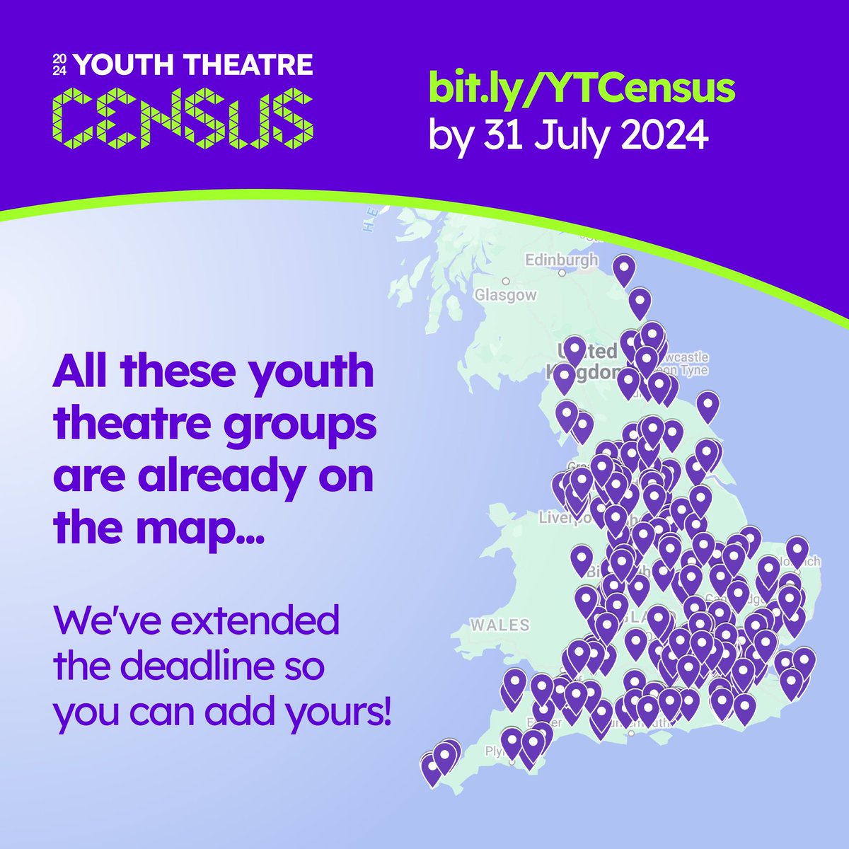 This is your final call friends. 

The Youth Theatre Census closes on Wednesday. 

If you can only spare a few minutes, just fill in the simple first part of the census - this will put you on the map!

See below for areas we’re still missing. 

bit.ly/YTCensus