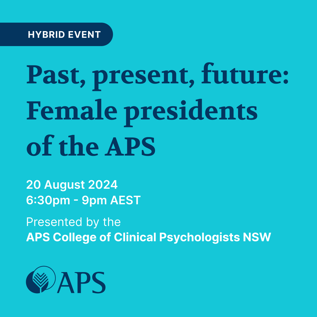 With the APS clinical College, I will be facilitating a hybrid forum involving the past, present and future female presidents of the APS: Amanda Gordon, Ros Knight, Tamara Cavenett, Catriona Davis-McCabe &amp; Sara Quinn. psychology.org.au/event/024729