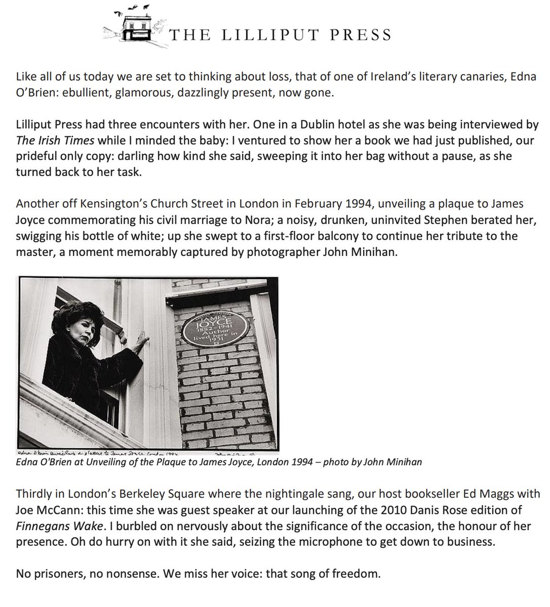 A statement from Lilliput Publisher Antony Farrell on the sad passing of Edna O'Brien