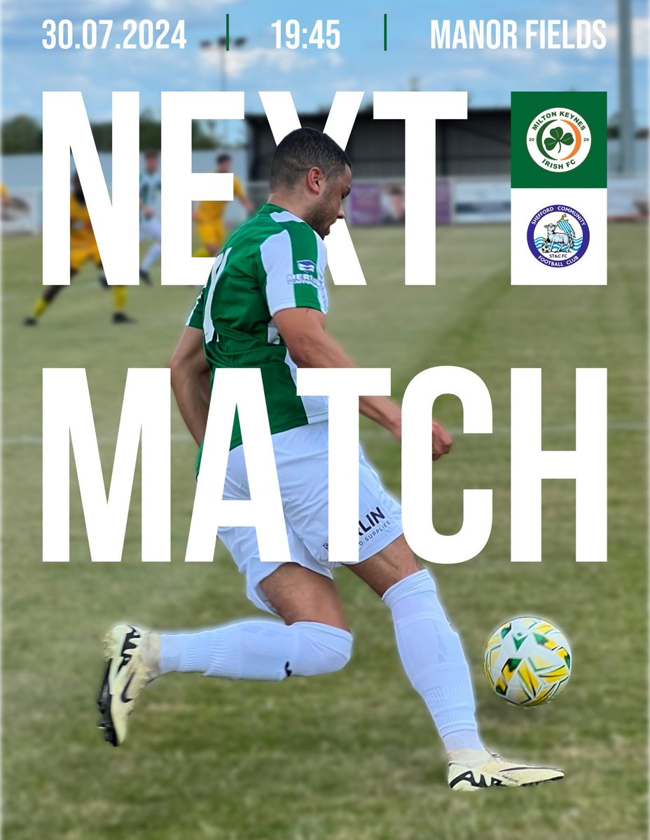 ☘️⚽️ | NEXT UP

🆚 <a href="/sheffordcampton/">sheffordtowncampton</a> 
🗓 Tues 30th July
⏱ 7:45PM Kick Off
🏆 Spartan South Midlands League 
📍 Manor Fields, MK2 2HX
🎟️ £9 Adults, £5 concessions, £2 U18’s, U12’s FREE 

#NonLeague #UpTheIrish #SSML