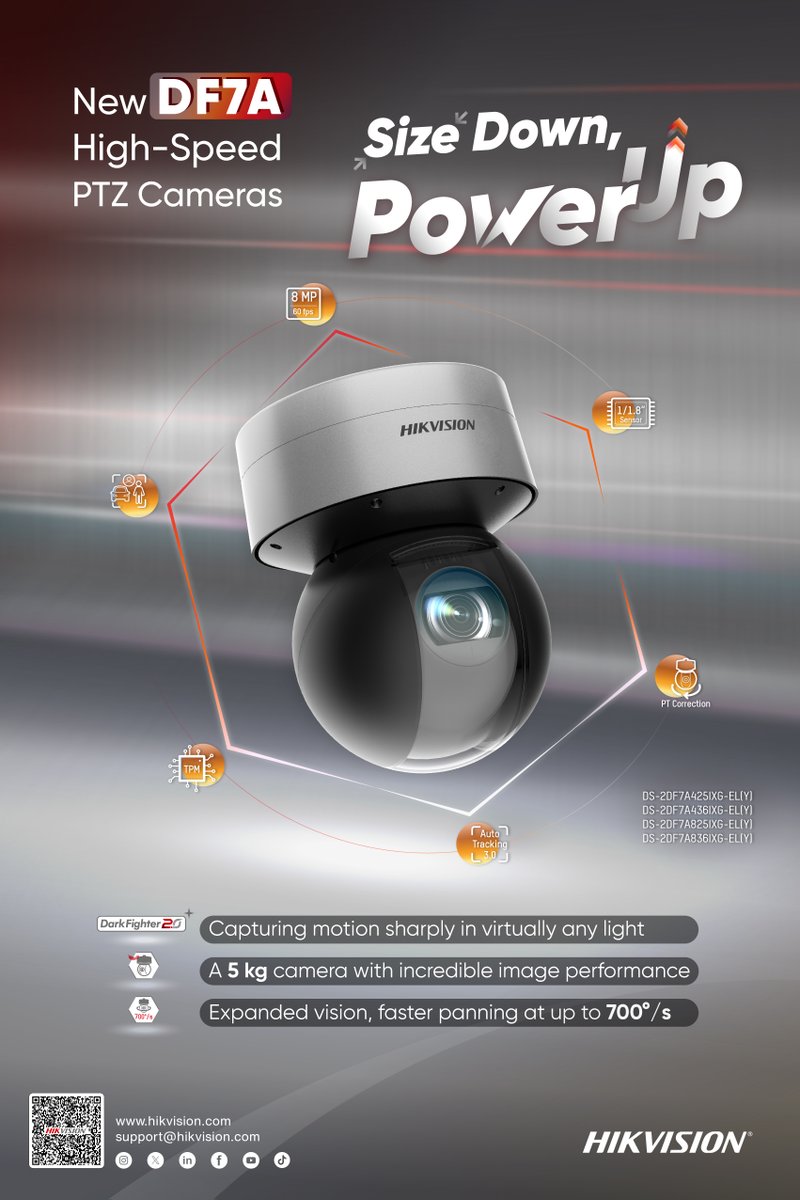 HikvisionHQ's tweet image. 📸 Check out Hikvision's new DF7A high-speed PTZ cameras! Size down, power up! With DarkFighter 2.0 technology for sharp motion capture in any light. This 5KG camera offers incredible image performance, expanded vision, and faster panning at up to 700°/s. 
#PTZCamera #DarkFighter