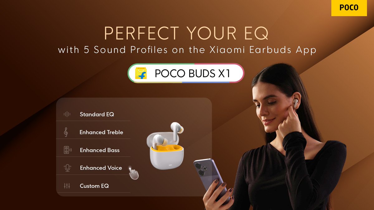 IndiaPOCO's tweet photo. Be your own DJ, and choose from 5 sound profiles - Standard, Treble, Bass, Voice and Custom to suit your sound preference. 🎶
Launching on 1st August, 12:00 PM on #Flipkart
#POCOBudsX1 #EscapeIntoAudio #POCOIndia #POCO #MadeOfMad https://t.co/GFDRKA4tDC