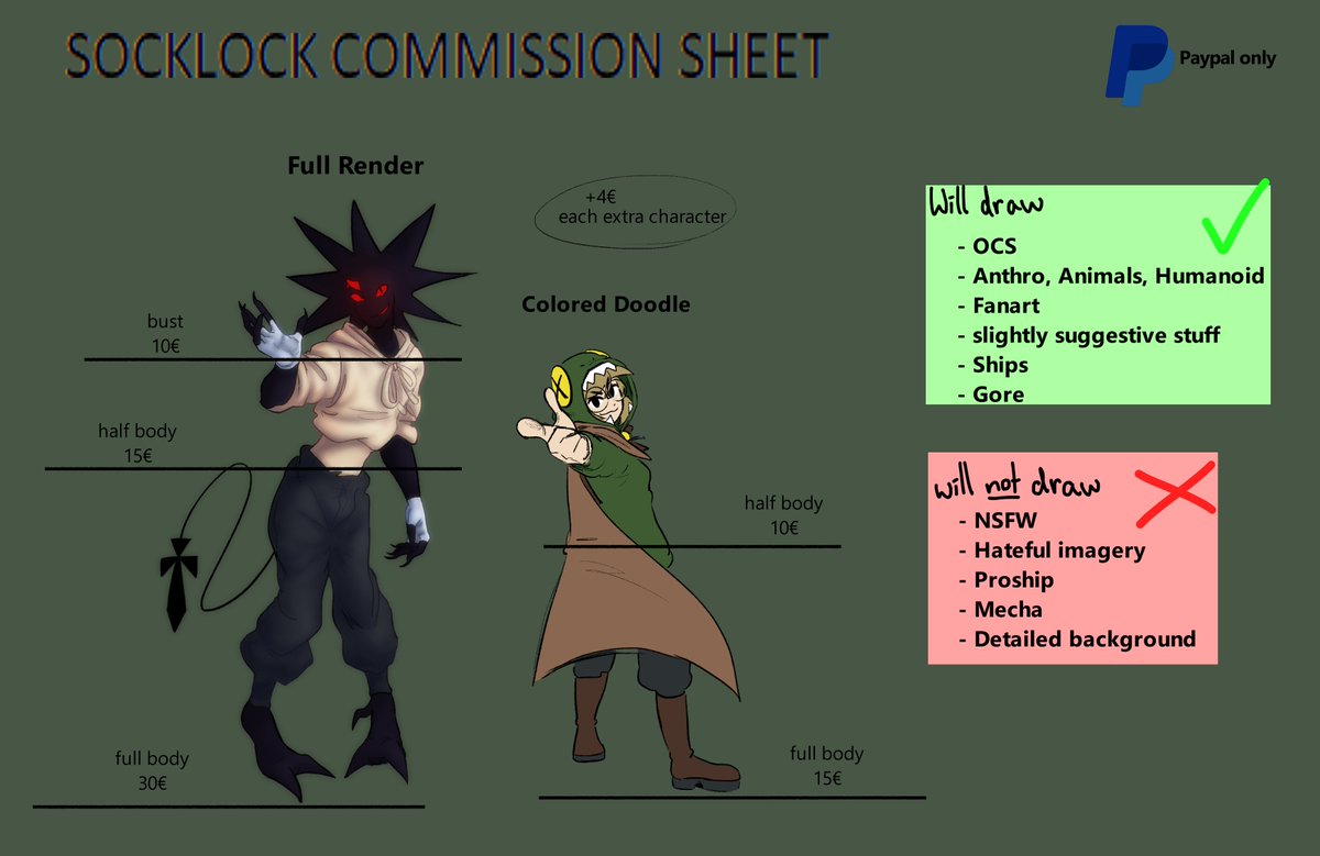 mrsocklock's tweet photo. Opening 5 C0mmissi0n slots!!
i will not respond to dms on twitter, if interested, please reach out to me on discord: @/socklock 

all the money is going straight to my partner's account to help him out :) https://t.co/ApOK52RM1m