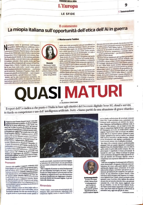 Mariarosaria Taddeo @RosTaddeo@fosstodon.org (@rosariataddeo) on Twitter photo Il mio op-ed per l'Innovazione del <a href="/Corriere/">Corriere della Sera</a> su #IA e #difesa.
Questa volta partiamo dalle basi: l'etica non è buon senso e la guerra è 'brutta', ma non per questo puo' fare a meno dell'etica. 👇
#AIindefence
#NationalDefence
#AIethics Il mio op-ed per l'Innovazione del <a href="/Corriere/">Corriere della Sera</a> su #IA e #difesa.
Questa volta partiamo dalle basi: l'etica non è buon senso e la guerra è 'brutta', ma non per questo puo' fare a meno dell'etica. 👇
#AIindefence
#NationalDefence
#AIethics