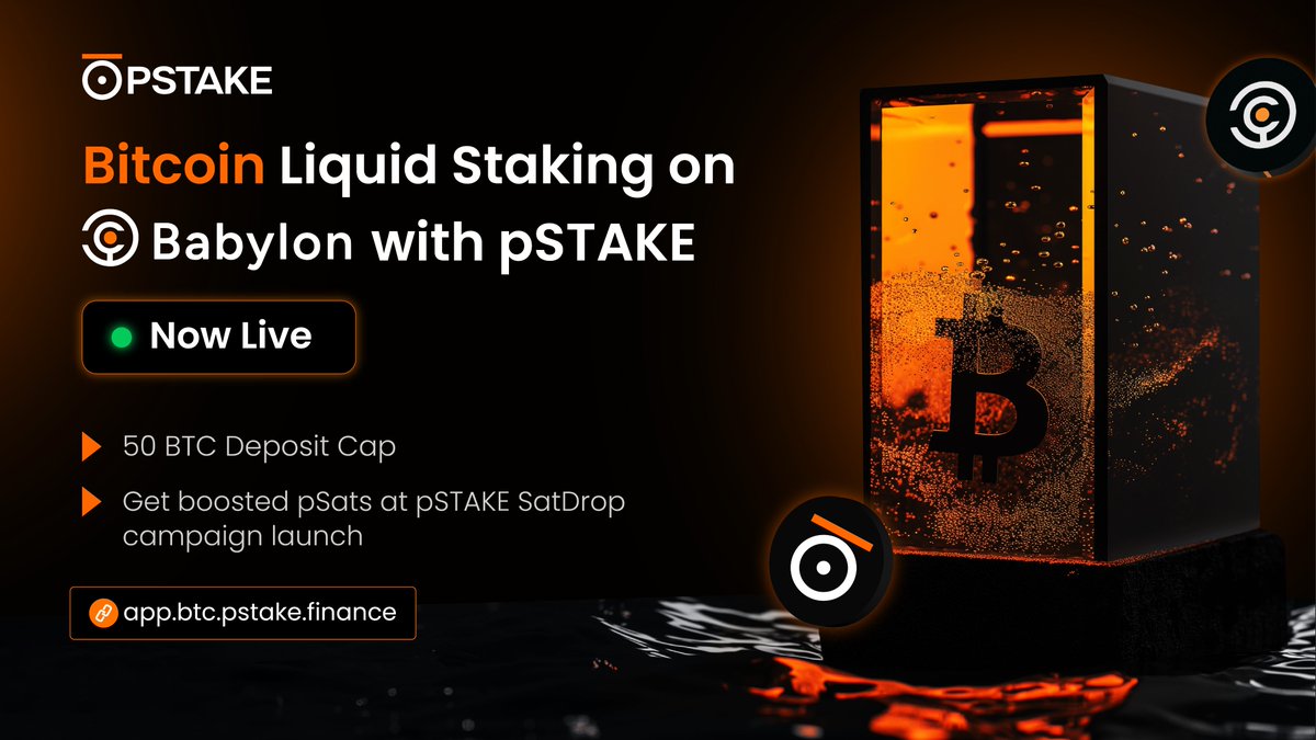 1/ 🚨 BREAKING: <a href="/pStakeFinance/">pSTAKE Finance</a>’s Bitcoin Liquid Staking v1 on <a href="/babylon_chain/">BabylonChain</a> is now live with a 50 Bitcoin total deposit cap.

Deposit $BTC now to get boosted pSats at the SatDrop Campaign launch in the coming weeks and any other additional rewards 🧡

🔗 app.btc.pstake.finance