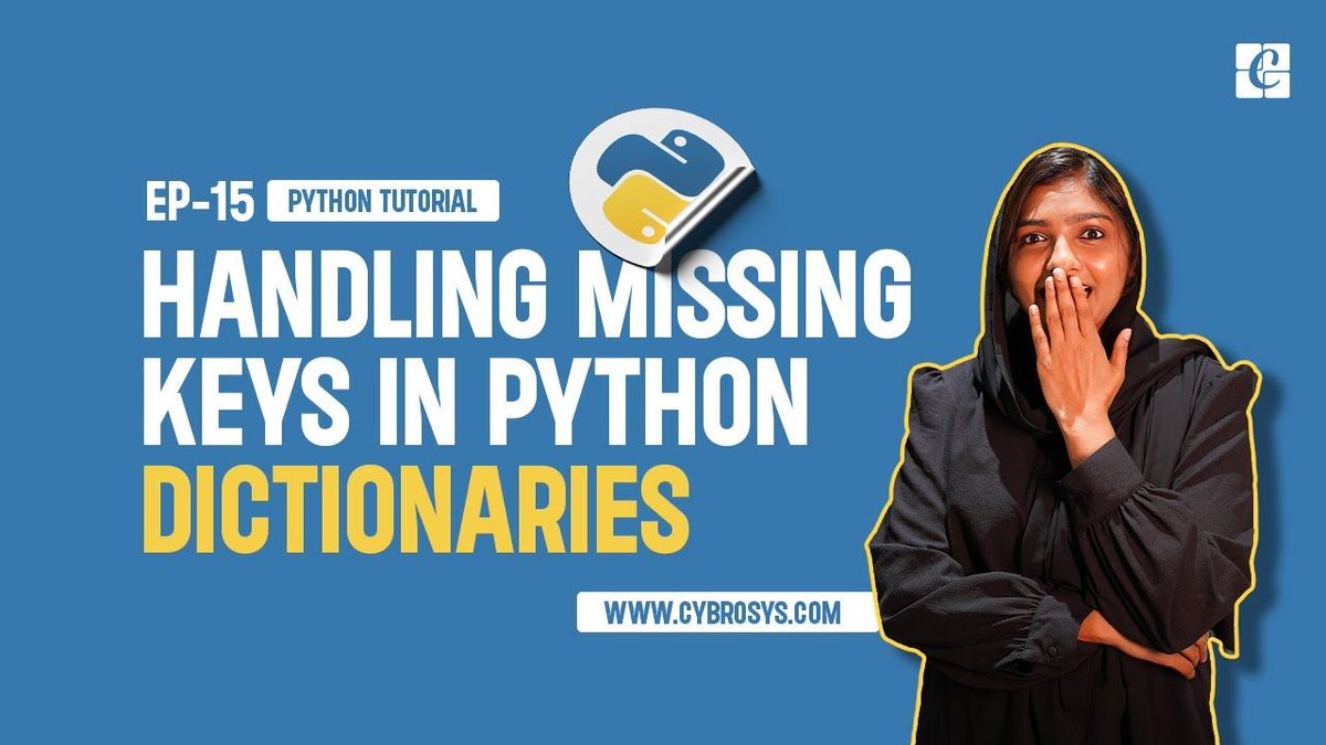 Cybrosys's tweet image. Struggling with missing keys in #Python dictionaries? 🐍 Our new video has got you covered! Master the techniques to handle them efficiently. Watch now and level up your coding game! 🚀👨‍💻
🔗 Watch now!  buff.ly/3LI4t7L
#PythonTutorial #PythonProgramming #PythonDictionary
