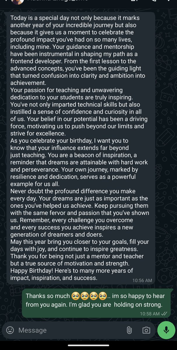 coderholic_'s tweet image. Some words are far greater than gifts. This got me so emotional. Happy birthday to me ❤️