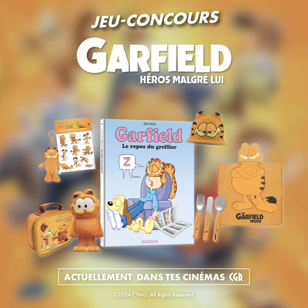 GARFIELD : HÉROS MALGRÉ LUI sort le 31/07 dans tes cinémas CGR ! Pour l'occasion, tente de remporter un kit de goodies du film et une bande-dessinée GARFIELD <a href="/EditionsDargaud/">Editions Dargaud</a>.
Pour participer :
👉 Follow <a href="/CGRCinemas/">CGR Cinémas</a>
👉 RT
TAS le 5/08 sur les réseaux sociaux CGR.
#GarfieldLeFilm