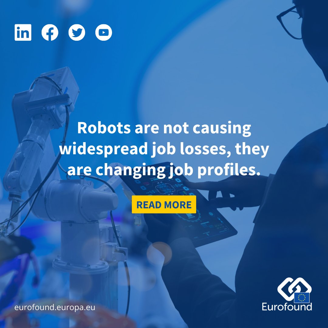 Robots are not causing widespread job losses, but they are changing job profiles. 

Eurofound research shows automated processes still rely on human skills like analytical thinking, problem-solving, project management and collaboration.

📌 Read more: ow.ly/LJNh50SJje9