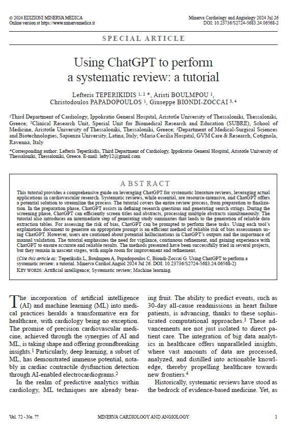Concepcion Campos-Asensio (@bibliogetafe) on Twitter photo Guía sobre el uso de ChatGPT para revisiones sistemáticas
👉Using #ChatGPT to perform a #SystematicReview: a tutorial
Teperikidis L, Boulmpou A, Papadopoulos C, Biondi-Zoccai G.
2024
<a href="/MinervaCard/">Minerva Card</a>
doi: 10.23736/S2724-5683.24.06568-2
PMID: 39056432
pubmed.ncbi.nlm.nih.gov/39056432/ Guía sobre el uso de ChatGPT para revisiones sistemáticas
👉Using #ChatGPT to perform a #SystematicReview: a tutorial
Teperikidis L, Boulmpou A, Papadopoulos C, Biondi-Zoccai G.
2024
<a href="/MinervaCard/">Minerva Card</a>
doi: 10.23736/S2724-5683.24.06568-2
PMID: 39056432
pubmed.ncbi.nlm.nih.gov/39056432/