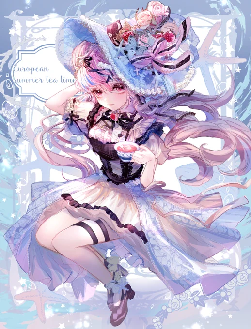 ヨーロッパ・サマー・ティーパーティー魔女summer tea party witch夏のティーパーティー&苺フレーバーティーをイメージした魔女のファッションイラストです 