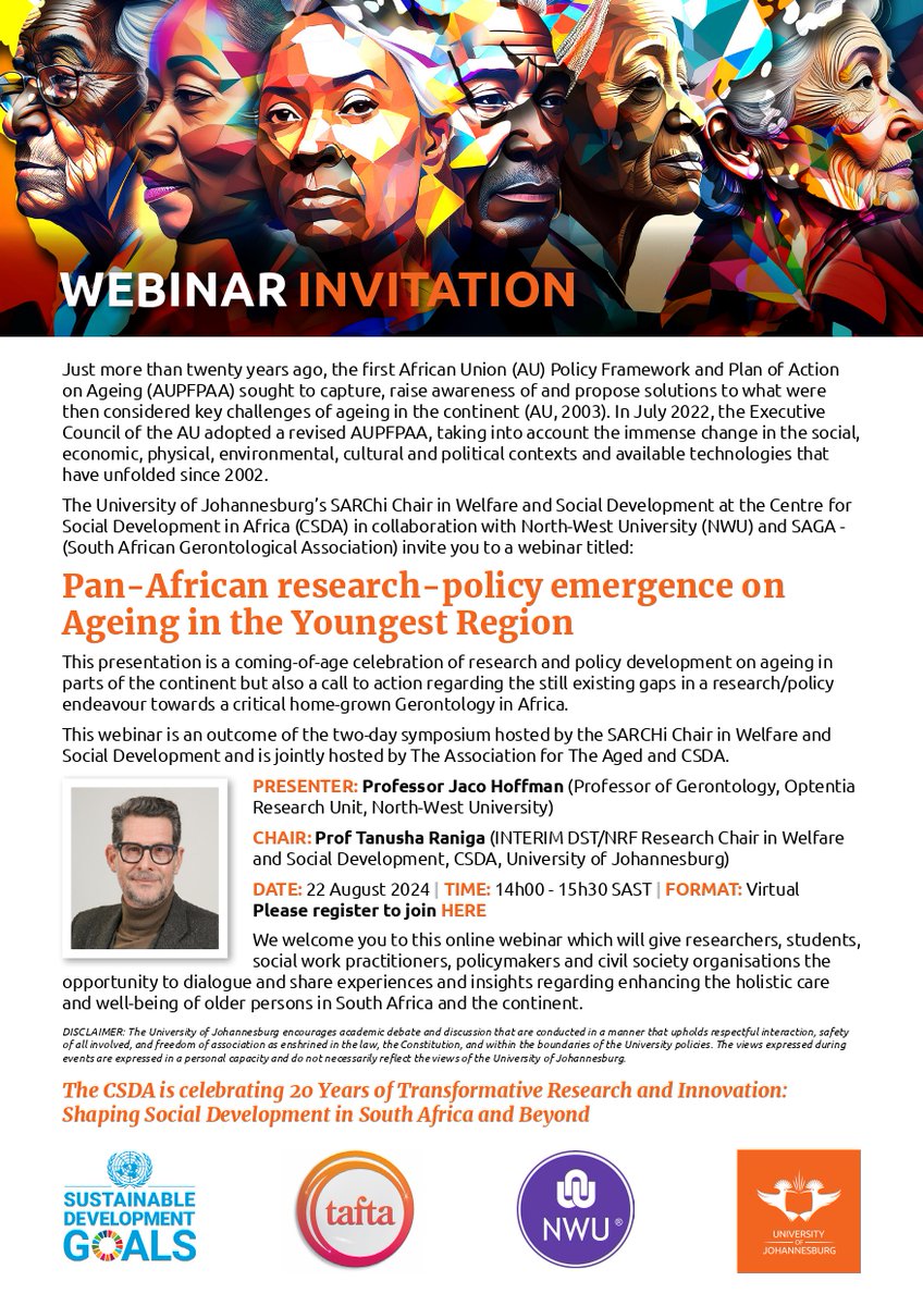 The Centre for Social Development in Africa (@csda_uj) on Twitter photo 📢Join us for this coming-of-age celebration of research and policy development on ageing in a webinar presented by Prof Jaco Hoffman <a href="/theNWU/">NWU - North-West University</a>
📅22 August
🕐14h00 - 15h30
💻Online
Register here to join 🔗bit.ly/3zQ6L27
#GERONTOLOGY 📢Join us for this coming-of-age celebration of research and policy development on ageing in a webinar presented by Prof Jaco Hoffman <a href="/theNWU/">NWU - North-West University</a>
📅22 August
🕐14h00 - 15h30
💻Online
Register here to join 🔗bit.ly/3zQ6L27
#GERONTOLOGY