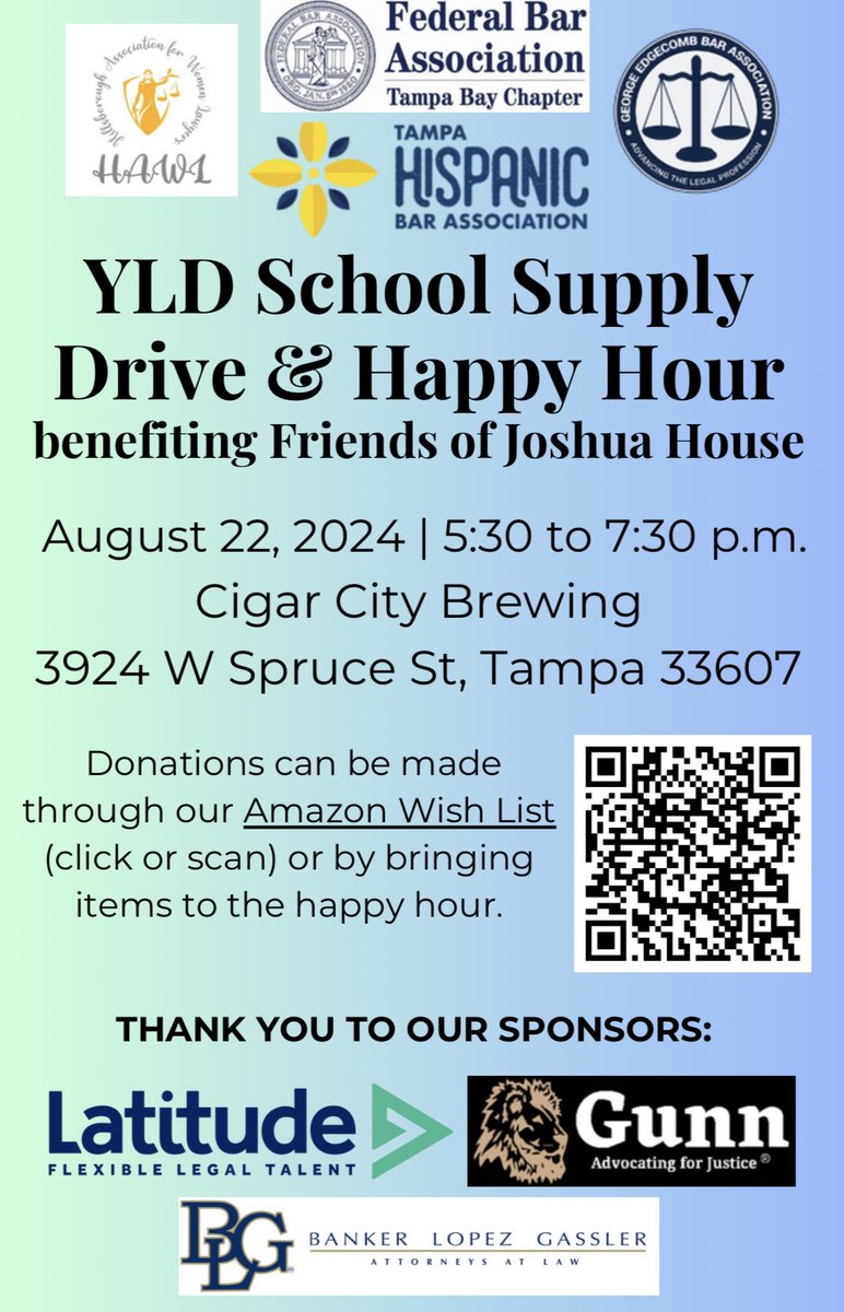 Join us for a school-supply drive and happy hour benefiting Friends of Joshua House on August 22, 2024, from 5:30 p.m. to 7:30 p.m., at Cigar City Brewing. 

You can find the Amazon Wish List here: amazon.com/hz/wishlist/ls…