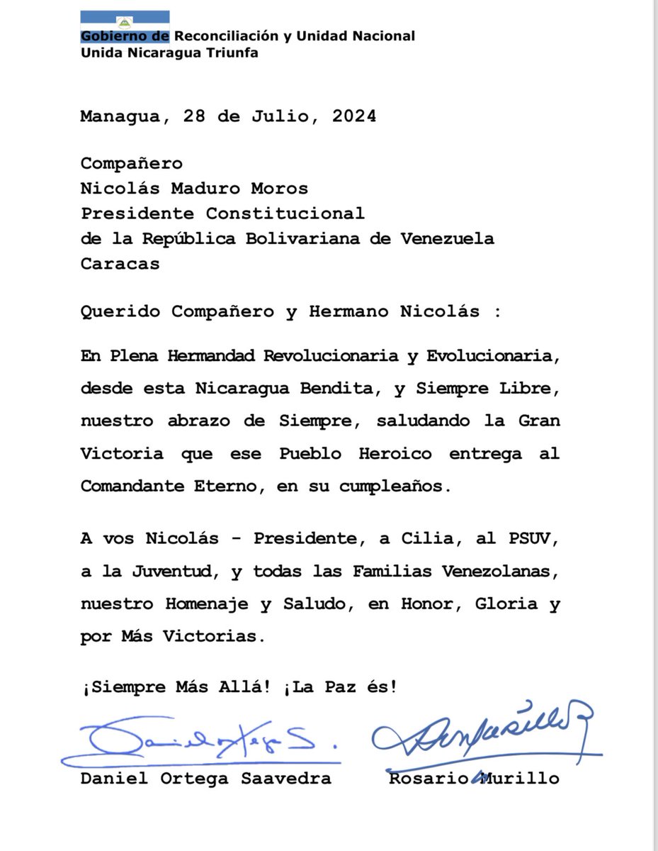 Gobierno de Nicaragua saluda la Gran Victoria del Pueblo venezolano con la reelección del Presidente Compañero Nicolás Maduro Moros. 🇳🇮🇻🇪