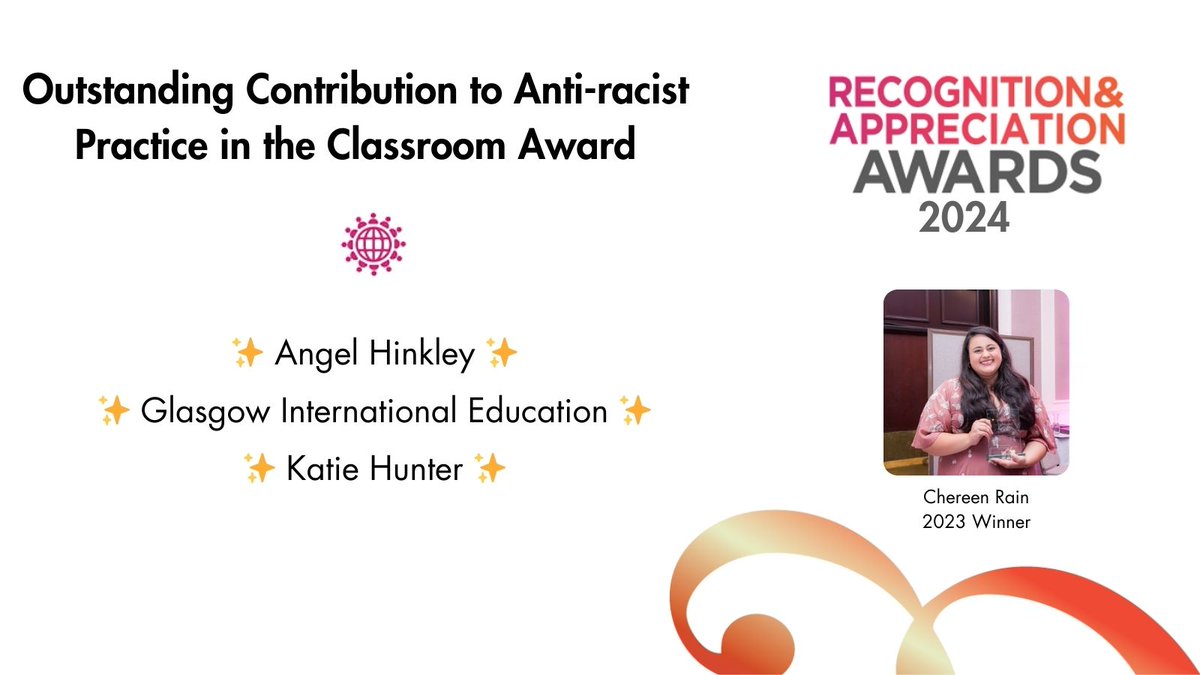 We're  excited to announce the nominees for the Outstanding Contribution to  Anti-racist Practice in the Classroom Award this year!

✨ Angel Hinkley
✨ Glasgow International Education
✨ Katie Hunter

#AntiRacistEducation #AwardNominees #Inspiration #Equality #EducationImpact