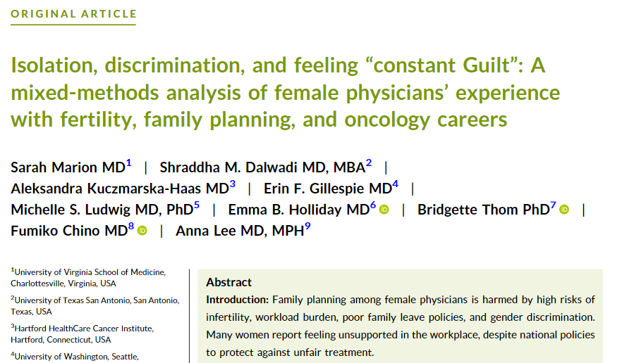 🗣️"I was called a ‘baby factory’"

🗣️"My chair &amp; PD told me I was committing career suicide"

🗣️“Going through training &amp; career makes me feel like I have given up my chance to have children."

The culture in medicine &amp; oncology NEEDS to change.
acsjournals.onlinelibrary.wiley.com/doi/10.1002/cn…