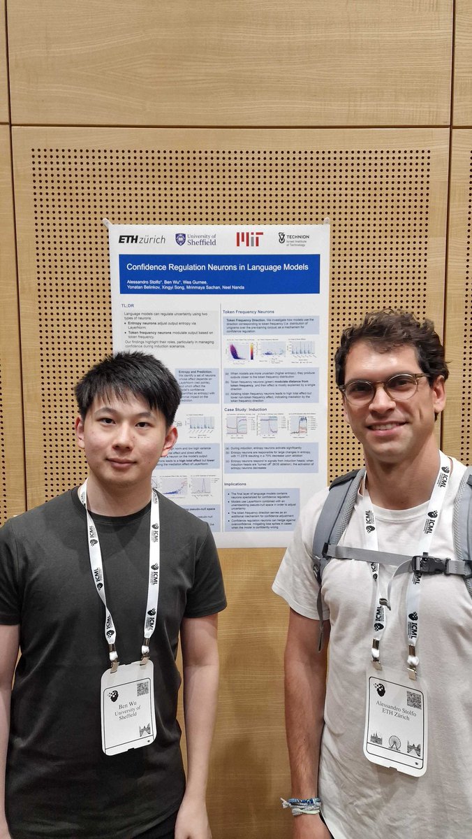 "Confidence Regulation Neurons in Language Models" at #ICML2024 Mech Interp Workshop! w/ amazing co-author <a href="/alesstolfo/">Alessandro Stolfo</a>