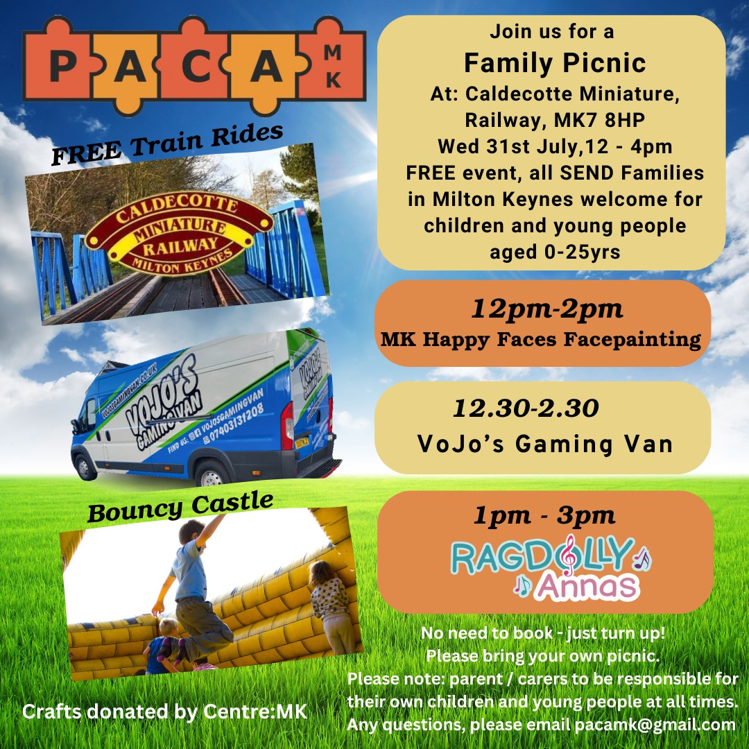 Join us from 12pm - 4pm on Wed 31st July, we look forward to seeing you! Caldecotte Miniature Railway, MK7 8HP