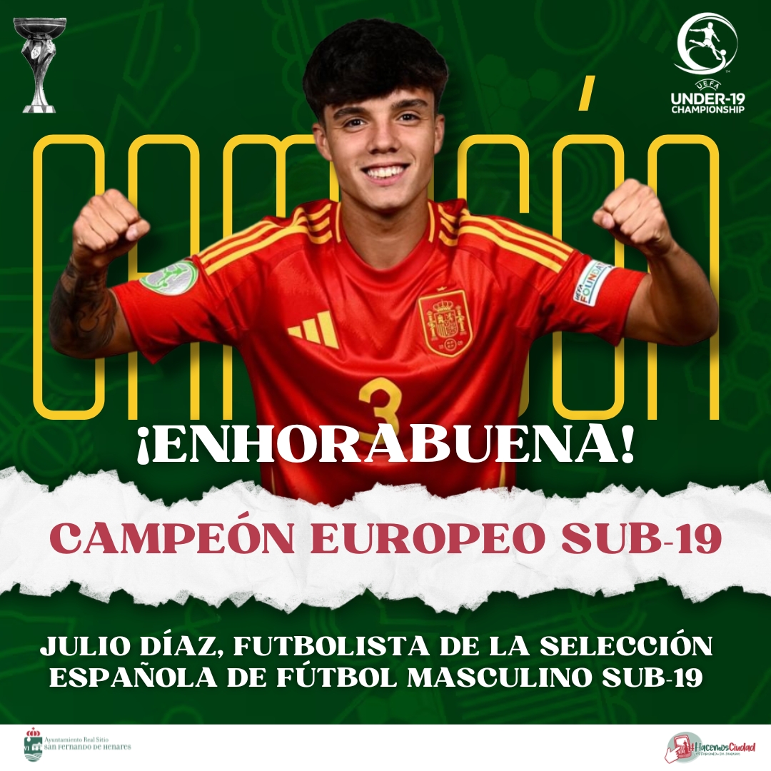 Ayto_SFH's tweet photo. ⚽️ Desde el Ayuntamiento de #SanFernandodeHenares queremos dar nuestra ¡Enhorabuena! al futbolista y vecino de la ciudad, Julio Díaz, jugador de la Selección española de fútbol masculino Sub-19, que ayer se proclamó campeona de Europa por novena vez en la historia. https://t.co/nheJIGx2yz