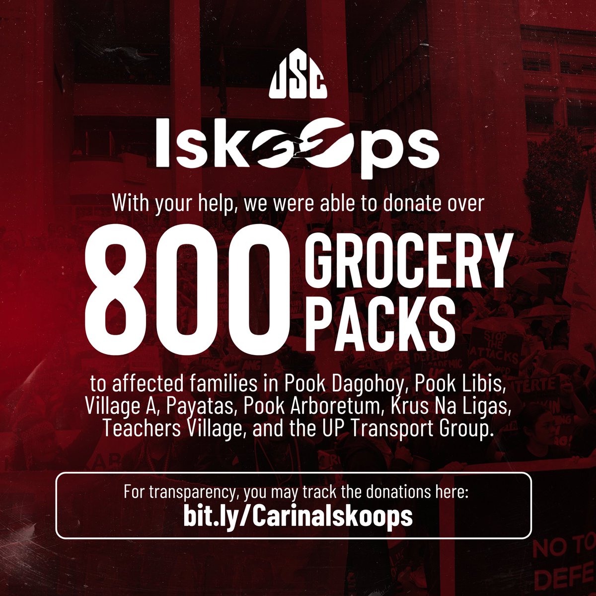 USCUPDiliman's tweet photo. #IskoOps | The UP Diliman University Student Council extends its heartfelt gratitude to all the volunteers and donors of IskoOps for supporting the families affected by Typhoon #CarinaPH. Your contributions have enabled us to assist over 800 families. https://t.co/4q49qQx44b
