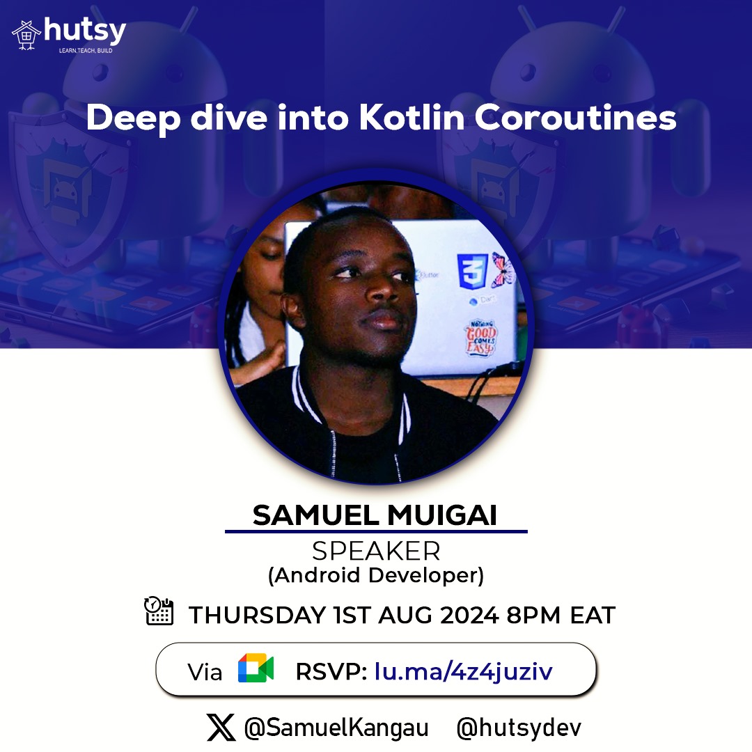 Hello droids, 
Join us this Thursday 8PM EAT for a session on Deep dive in Kotlin Coroutines with <a href="/SamuelKangau/">Samuel Muigai</a>.

Don't miss out on this opportunity to enhance your understanding of Kotlin Coroutines and improve your asynchronous programming skills.

RSVP: lu.ma/4z4juziv