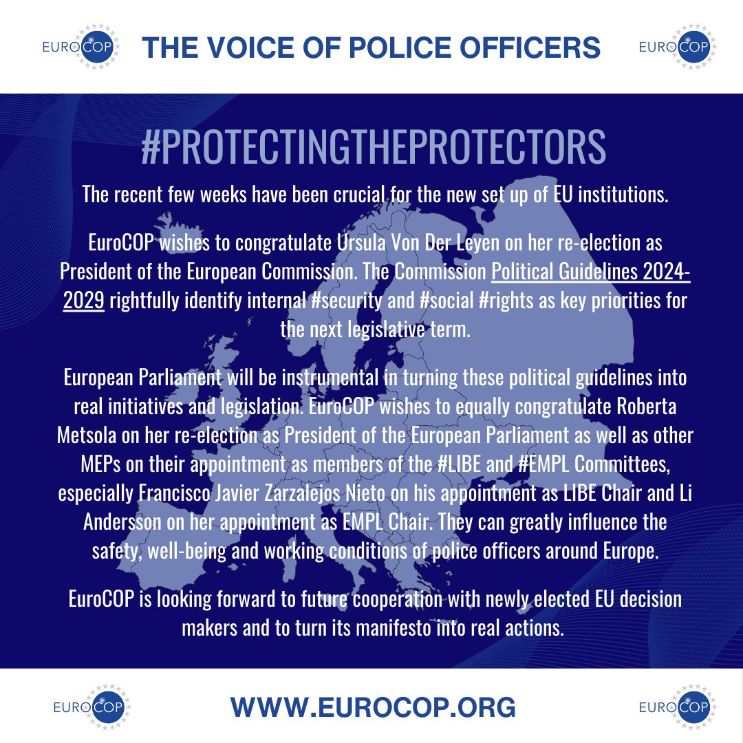The recent few weeks have been crucial for the new set up of EU institutions.

EuroCOP wishes to congratulate <a href="/vonderleyen/">Ursula von der Leyen</a> on her re-election as President of the <a href="/EU_Commission/">European Commission</a>. The Commission Political Guidelines 2024-2029 rightfully identify internal #security and #social