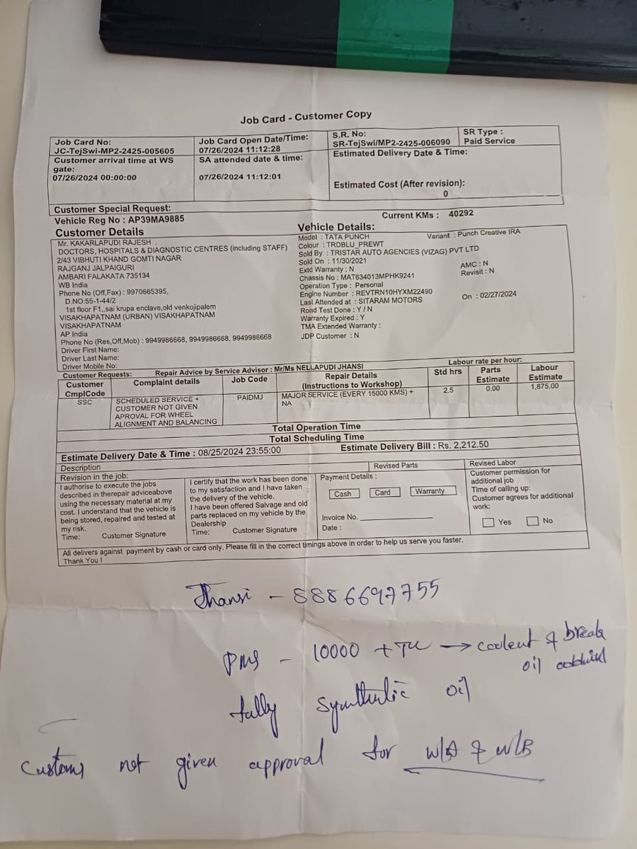 herorajesh's tweet photo. @tatamotors Yesterday, I gave my Tata Punch (AP39M9885)for servicing at Tejaswi Automobile , Hyderabad. Attached is the bill and job sheet. The charges seem exorbitant compared to other authorized Tata service centres I’ve checked with. There seems to be a lack of..... https://t.co/aYbzYCuof2