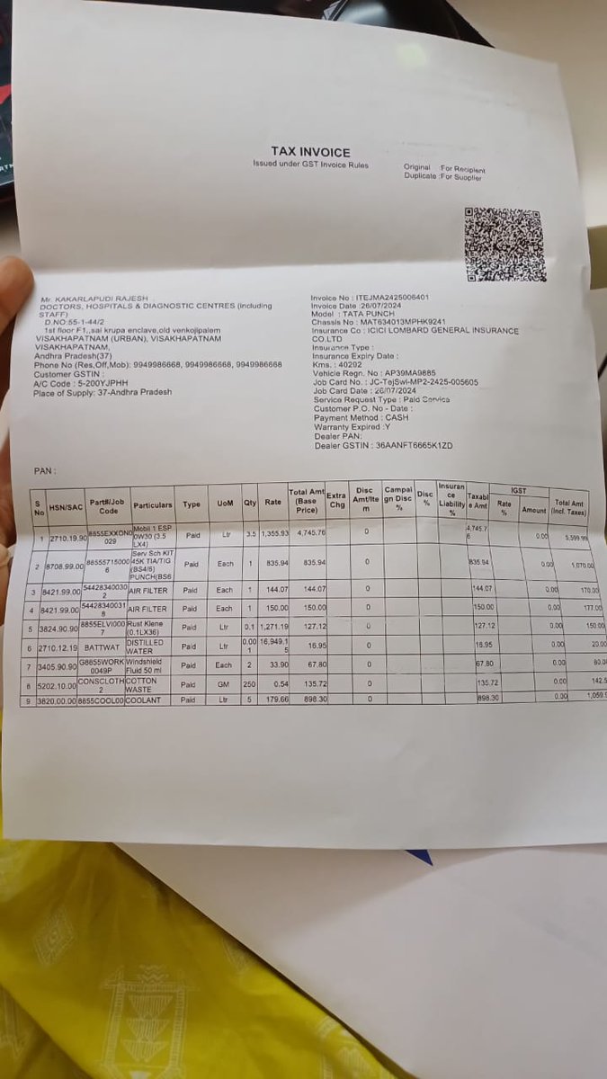 herorajesh's tweet photo. @tatamotors Yesterday, I gave my Tata Punch (AP39M9885)for servicing at Tejaswi Automobile , Hyderabad. Attached is the bill and job sheet. The charges seem exorbitant compared to other authorized Tata service centres I’ve checked with. There seems to be a lack of..... https://t.co/aYbzYCuof2
