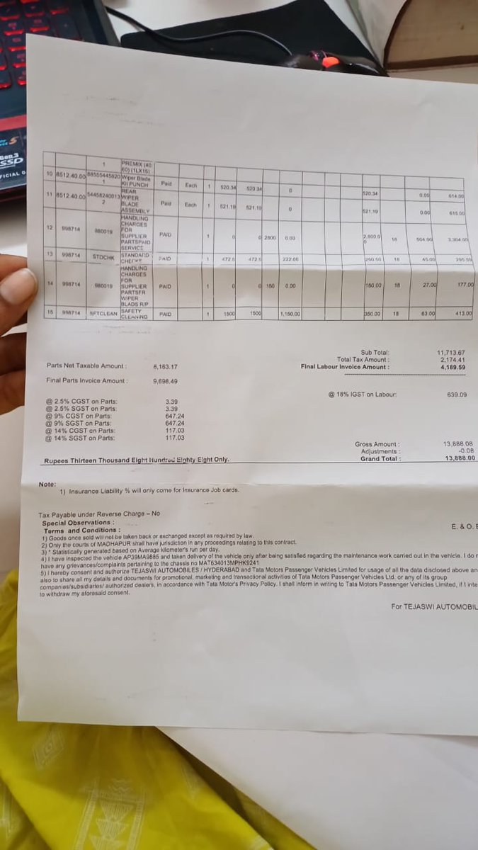herorajesh's tweet photo. @tatamotors Yesterday, I gave my Tata Punch (AP39M9885)for servicing at Tejaswi Automobile , Hyderabad. Attached is the bill and job sheet. The charges seem exorbitant compared to other authorized Tata service centres I’ve checked with. There seems to be a lack of..... https://t.co/aYbzYCuof2