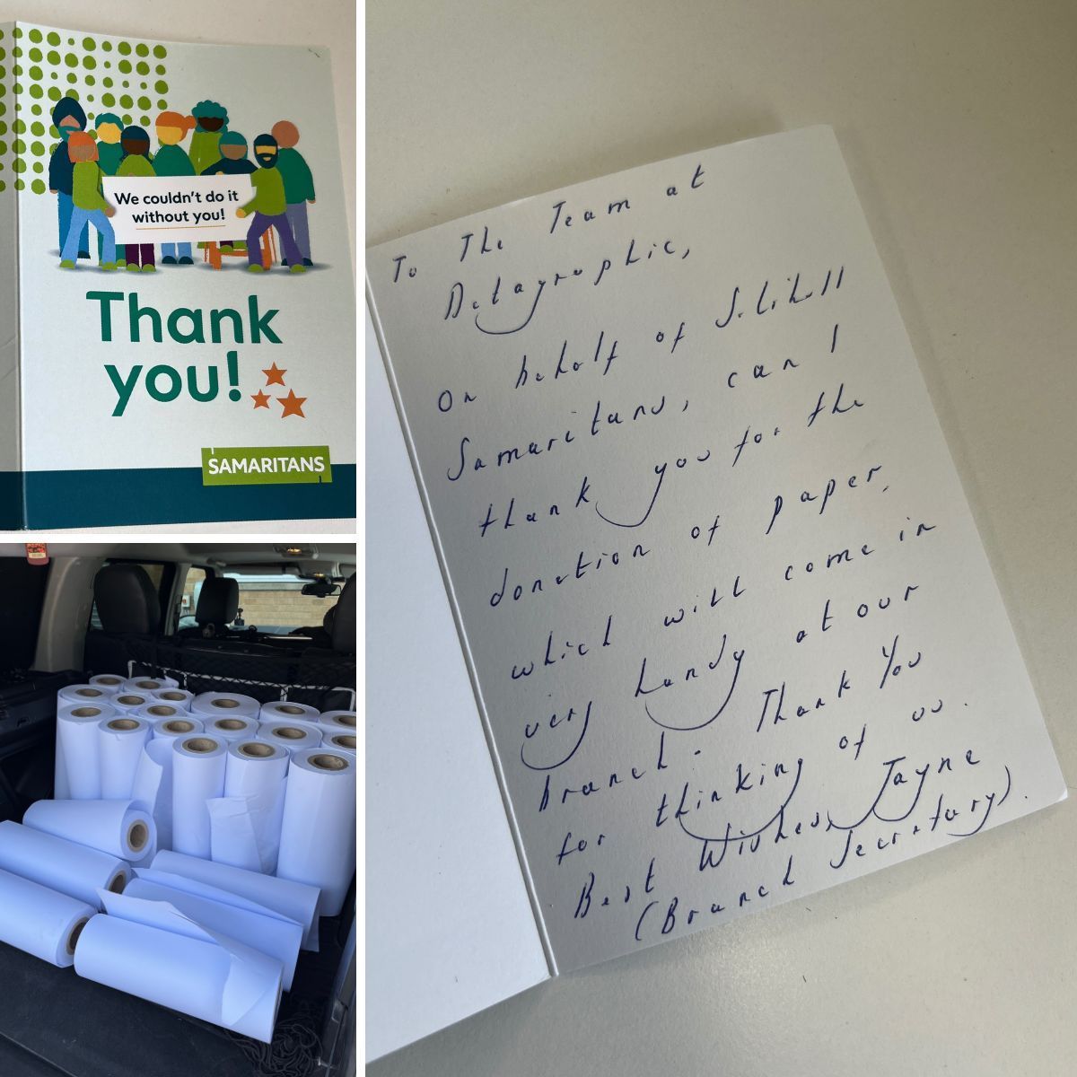 Datagraphic1's tweet photo. We donate waste paper to local causes or community groups. So when we receive notes like this from @Samaritans, whose volunteers use our paper for note-taking whilst talking to callers, we realise just how much it can help.

#DgCommunity https://t.co/Pmaw9IwbwD