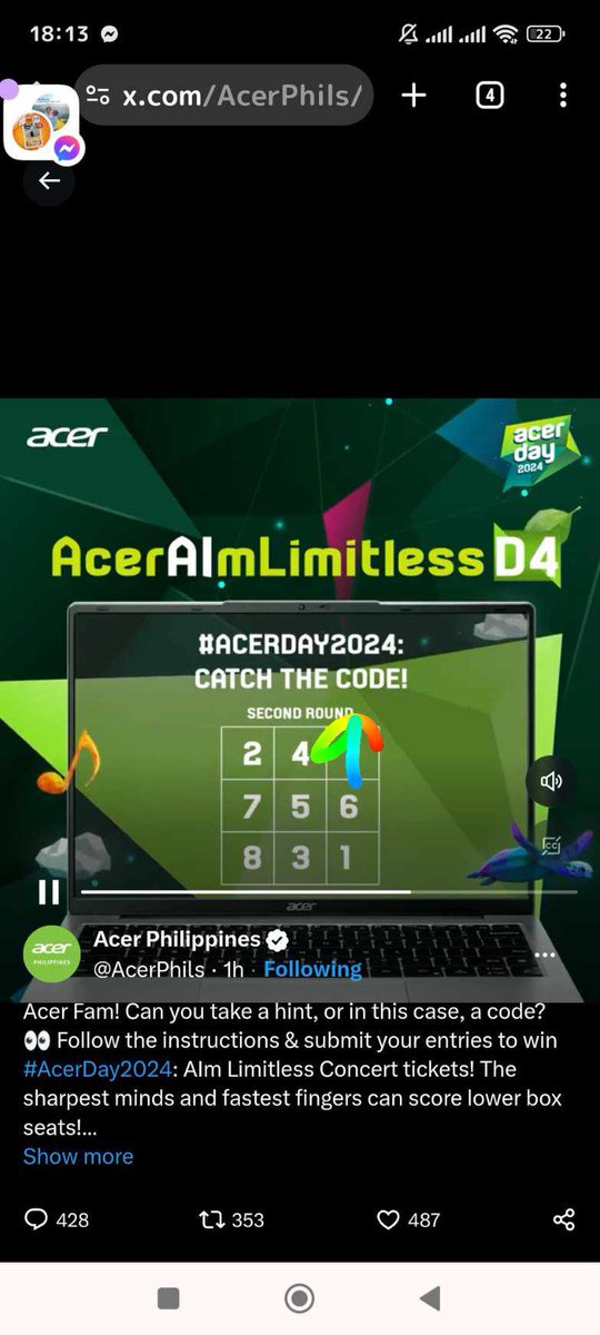 RIZZAtriptan's tweet photo. 1922 @AcerPhils @Charl3sXavier #AcerDay2024 #AcerAImLimitlessD4 https://t.co/vIEMU7BMLS