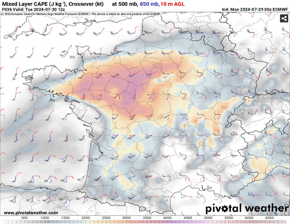 larslowinski's tweet photo. High-octane airmass with very high #dewpoints (20-23C), near record PWATs and large CAPE near upper bounds of climatology across N #France early this week. While bulk shear will be weak, any strong t-storm may produce large rainfall totals, incl at the #Olympics2024Paris https://t.co/bMstNFttwX