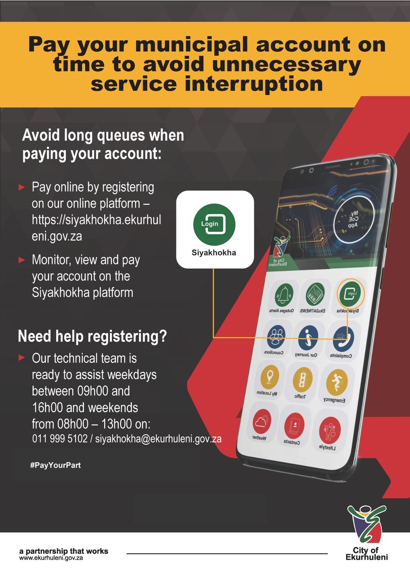 City_Ekurhuleni's tweet image. Did you know you can pay your municipal account online through our #Siyakhokha platform? Register now and skip the queues. #PayYourPart